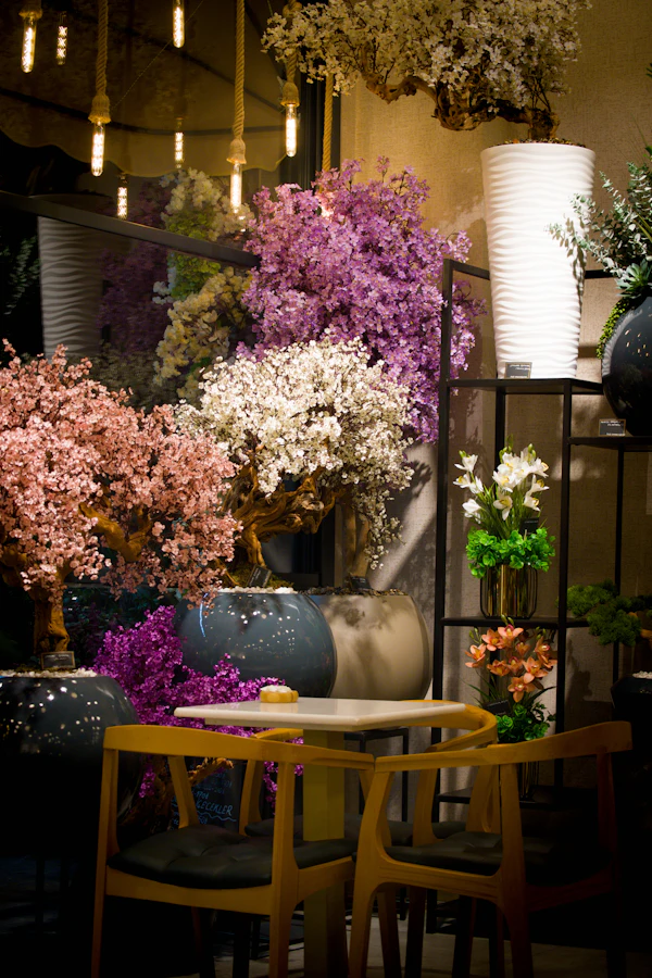Rincón de cafetería decorado con flores